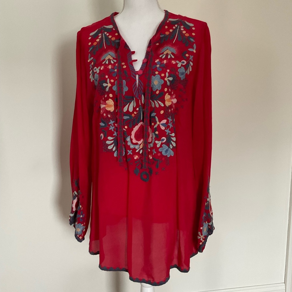 Johnny Was tunic, L, long sleeve, front tie